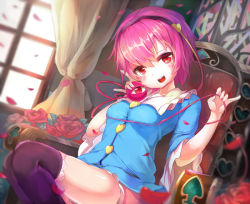 Rule 34 | 1girl, black thighhighs, breast lift, breasts, chair, curtains, hairband, head tilt, komeiji satori, long sleeves, open mouth, over-kneehighs, petals, pink hair, red eyes, rei no himo, shirt, short hair, sitting, skirt, small breasts, smile, solo, thighhighs, third eye, touhou, umagenzin, wide sleeves, window, zettai ryouiki