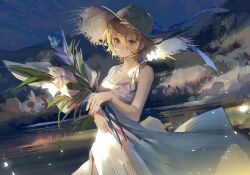 Rule 34 | 1girl, bare shoulders, blonde hair, bouquet, closed mouth, cowboy shot, don quixote (project moon), dress, evening, flower, hair between eyes, hat, holding, holding bouquet, lily (flower), limbus company, liyln02617464, looking at viewer, project moon, sleeveless, sleeveless dress, solo, sun hat, sundress, white dress, white flower, yellow eyes