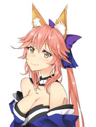 Rule 34 | 10s, 1girl, animal ears, bare shoulders, blue detached sleeves, blue dress, blue ribbon, blush, breasts, cleavage, closed mouth, detached collar, detached sleeves, dress, fate/extra, fate/extra ccc, fate/grand order, fate (series), female focus, fox ears, hair flaps, hair ribbon, highres, japanese clothes, large breasts, lips, long hair, looking at viewer, neck, pink hair, ponytail, ribbon, rshow, simple background, smile, solo, strapless, strapless dress, tamamo (fate), tamamo no mae (fate/extra), type-moon, upper body, white background, yellow eyes