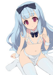 Rule 34 | 10s, 1girl, :o, amatsuka watayuki, apron, baby princess, bare shoulders, blue hair, bow, bowtie, bra, breastless clothes, cupless bra, detached collar, flat chest, hair bow, kusaka souji, lingerie, long hair, looking at viewer, navel, nipples, no panties, pink eyes, simple background, sitting, solo, thighhighs, underwear, very long hair, wariza, white thighhighs, wrist cuffs