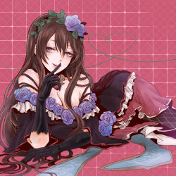 Rule 34 | 10s, 1girl, bare shoulders, black dress, black gloves, black hair, black thighhighs, blue eyes, blue flower, blue rose, breasts, brown hair, checkered background, cleavage, dress, elbow gloves, finger to mouth, fishnet thighhighs, fishnets, floral print, flower, flower on head, frilled dress, frills, garter straps, gloves, gothic lolita, granblue fantasy, hair between eyes, hair flower, hair ornament, hairband, heart, jewelry, jitome, large breasts, leaf, lips, lolita fashion, long hair, looking at viewer, lying, miwayama, mtmiwa404, naughty face, neck ring, off shoulder, on side, pink background, rose, rosetta (granblue fantasy), smile, solo, thighhighs, very long hair, wavy hair