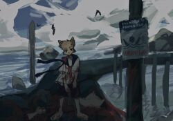 Rule 34 | 1boy, barefoot, bird, black eyes, blood, blood on clothes, blood splatter, crow, disembodied hand, furry, furry male, highres, implied death, implied murder, itooku, looking at viewer, ocean, original, red scarf, scarf, school uniform, sign, warning sign, white fur, wolf boy