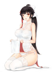 Rule 34 | 1girl, absurdres, alternate costume, azur lane, black hair, blush, bow, breasts, covered erect nipples, dress, fingerless gloves, flower, full body, garter belt, garter straps, gloves, hair bow, hair flower, hair ornament, highres, lace, lace-trimmed legwear, lace trim, large breasts, long hair, looking at viewer, open mouth, panties, pelvic curtain, ponytail, realman, red eyes, seiza, side-tie panties, simple background, sitting, sleeveless, solo, straight hair, takao (azur lane), takao (the lessons of spring) (azur lane), tassel, thighhighs, thighs, underwear, white background, white dress, white gloves, white panties, white thighhighs