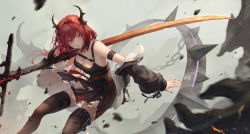 Rule 34 | 1girl, arknights, bare shoulders, black dress, black thighhighs, breasts, chain, cleavage, commentary, dress, grey background, highres, holding, holding sword, holding weapon, jay xu, long hair, long sleeves, looking at viewer, medium breasts, nail polish, purple eyes, red hair, red nails, short dress, solo, surtr (arknights), sword, thighhighs, weapon