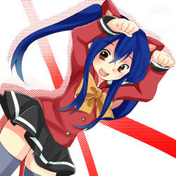 Rule 34 | 1girl, blue hair, brown eyes, fairy tail, hukii hiyoru, open mouth, pixiv sample, resized, ribbon, skirt, thighhighs, twintails, wendy marvell