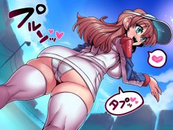 Rule 34 | 1girl, aqua eyes, ass, bouncing breasts, breasts, brown hair, cameltoe, cleft of venus, commentary request, copyright request, dutch angle, heart, large breasts, long hair, panties, smile, solo, spoken heart, thick thighs, thighhighs, thighs, translation request, trefoil, tukiwani, underwear, visor cap, white panties, white thighhighs
