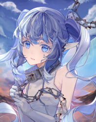 Rule 34 | 1girl, bare shoulders, blue eyes, blue hair, blue sky, blueicedtea, chain, cloud, cloudy sky, collar, dated, dress, elbow gloves, fairy wings, gloves, hands up, highres, long hair, looking at viewer, metal collar, nymph (sora no otoshimono), parted lips, pointy ears, robot ears, signature, sky, sleeveless, sleeveless dress, solo, sora no otoshimono, twintails, upper body, white dress, white gloves, wings