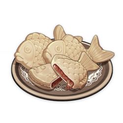 Rule 34 | artist request, biscuit (bread), commentary, english commentary, food, food art, food focus, game cg, genshin impact, lowres, muted color, no humans, official art, plate, simple background, still life, taiyaki, third-party source, transparent background, wagashi