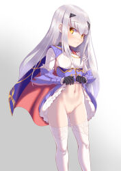 Rule 34 | 1girl, absurdres, black gloves, blue cape, blue dress, breasts, cape, censored, clothes lift, commentary request, dress, dress lift, melusine (fate), melusine (second ascension) (fate), fate/grand order, fate (series), forked eyebrows, gloves, highres, long hair, long sleeves, looking at viewer, mosaic censoring, navel, no panties, red cape, reon-shi, sidelocks, small breasts, solo, thighhighs, thighs, two-tone cape, white hair, white thighhighs, yellow eyes