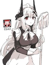 Rule 34 | 1girl, :o, alternate costume, apron, arknights, bow, bowtie, dress, enmaided, highres, holding, holding mop, horns, katsuhiko (bone hiko), long hair, long sleeves, maid, maid headdress, monochrome, mop, mudrock (arknights), parted lips, red eyes, simple background, solo, spot color, white background