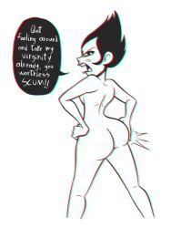 Rule 34 | 1girl, angry, ashi (samurai jack), ass, blush, cropped legs, english text, nude, samurai jack, short hair, simple background, solo, speech bubble, standing, tagme, text focus, white background