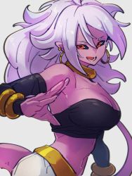 Rule 34 | 1girl, android 21, bare shoulders, black sclera, black sleeves, breasts, choker, cleavage, colored sclera, colored skin, detached sleeves, dragon ball, dragon ball fighterz, earrings, grey background, hair between eyes, hoop earrings, jewelry, kemachiku, large breasts, long hair, looking at viewer, majin android 21, midriff, navel, open mouth, pink skin, red eyes, simple background, smile, solo, tail, white hair, yellow choker