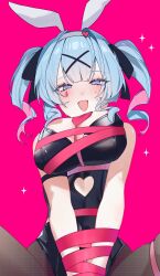 Rule 34 | 1girl, animal ears, black leotard, blue eyes, blue hair, bound, breasts, fake animal ears, hair ornament, hatsune miku, heart, heart-shaped pupils, highres, large breasts, leotard, looking at viewer, muuumi 00, open mouth, pantyhose, pink ribbon, playboy bunny, rabbit ears, rabbit hole (vocaloid), ribbon, ribbon bondage, smile, solo, sparkle, symbol-shaped pupils, teardrop facial mark, thigh strap, twintails, vocaloid, x hair ornament