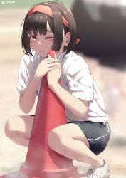Rule 34 | 1girl, black shorts, blurry, blurry background, blush, brown hair, closed mouth, commentary request, hairband, jonsun, looking at viewer, misaki (jonsun), one eye closed, original, outdoors, red hairband, shirt, shoes, short hair, short sleeves, shorts, sidelocks, sneakers, solo, squatting, twitter username, white footwear, white shirt, yellow eyes