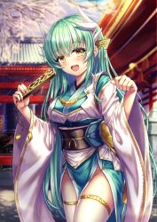 Rule 34 | 1girl, aqua hair, aqua kimono, architecture, bell, breasts, cowboy shot, dragon girl, dragon horns, east asian architecture, fate/grand order, fate (series), folding fan, hand fan, highres, holding, holding fan, horns, japanese clothes, kimono, kiyohime (fate), long hair, medium breasts, obi, open mouth, outdoors, pelvic curtain, sash, solo, thighhighs, tooru (pixiv12953962), white thighhighs, wide sleeves, yellow eyes