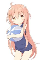 Rule 34 | 1girl, ahoge, ayanepuna, ball, bare arms, bare shoulders, beachball, blue one-piece swimsuit, blush, brown eyes, brown hair, closed mouth, collarbone, hair ornament, hairclip, highres, ii (ayanepuna), long hair, looking at viewer, hugging object, old school swimsuit, one-piece swimsuit, original, school swimsuit, simple background, solo, standing, swimsuit, transparent, two side up, very long hair, white background