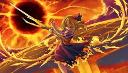Rule 34 | 1girl, a-xii, alternate color, alternate weapon, ascot, black sun, blonde hair, burnt clothes, closed mouth, colored sclera, commentary request, cowboy shot, fiery wings, fire, flandre scarlet, glowing, glowing eyes, grey shirt, hair between eyes, hair ribbon, hands up, highres, holding, holding sword, holding weapon, laevatein (touhou), looking at viewer, low wings, no headwear, no pupils, one side up, puffy short sleeves, puffy sleeves, red ascot, red sclera, ribbon, serious, shirt, short hair, short sleeves, solo, sun, sword, torn ascot, torn clothes, touhou, weapon, wings, yellow eyes, yellow theme