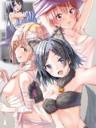 Rule 34 | 4girls, ahoge, alternate costume, animal ear fluff, animal ears, animal hands, armpits, arms up, ass, bandaged arm, bandaged head, bandages, black hair, blurry, blurry background, blush, breasts, chair, cleavage, commentary request, fang, from side, fur trim, gloves, hair ornament, hairclip, halloween, halloween costume, hands up, hikigaya komachi, isshiki iroha, large breasts, long hair, looking at viewer, medium breasts, medium hair, multiple girls, mummy, naked bandage, nanashi (74 nanashi), navel, open mouth, outstretched arms, paw gloves, polka dot, reaching, reaching towards viewer, red eyes, red hair, skin fang, skindentation, smile, stomach, sweatdrop, tongue, tongue out, undressing, wavy mouth, wolf ears, x hair ornament, yahari ore no seishun lovecome wa machigatteiru., yuigahama yui, yukinoshita yukino