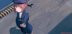 Rule 34 | 1girl, 2018, air kon, bad id, bad twitter id, blue hat, brown eyes, brown hair, character name, clothes writing, dated, dress, from above, half-closed eyes, hat, kantai collection, long sleeves, looking to the side, outdoors, sailor collar, sailor dress, sailor hat, short hair, solo, standing, wide shot, z3 max schultz (kancolle)