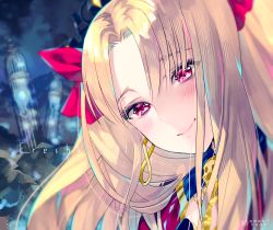 Rule 34 | 1girl, artist name, blurry, blush, bow, character name, closed mouth, depth of field, earrings, ereshkigal (fate), fate/grand order, fate (series), hair bow, half-closed eyes, jewelry, light smile, long hair, looking at viewer, parted bangs, purple bow, purple eyes, sidelocks, smile, solo, tamaki mitsune, tohsaka rin, two side up