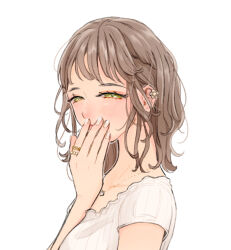 Rule 34 | 1girl, blush, brown hair, covering own mouth, earrings, eyelashes, flower earrings, from side, fukujumaru, green eyes, half-closed eyes, hand to own mouth, highres, jewelry, light brown hair, looking at viewer, looking to the side, medium hair, multiple rings, nail polish, necklace, original, pendant, ring, shirt, short sleeves, simple background, sleepy, solo, upper body, white background, white nails, white shirt, yawning