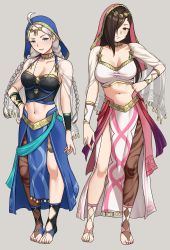 Rule 34 | 2girls, absurdres, ahoge, azura (fire emblem), azura (fire emblem) (cosplay), bbk (13zk), blue eyes, braid, breasts, brown eyes, brown hair, commission, commissioner upload, cosplay, crop top, dancer, fire emblem, fire emblem fates, fire emblem heroes, full body, gold choker, hair over one eye, hand on own hip, highres, kagero (fire emblem), large breasts, leanne (fire emblem), leanne (fire emblem) (cosplay), long hair, looking at viewer, low twin braids, multiple girls, navel, nina (fire emblem), nintendo, non-web source, official alternate costume, parted bangs, single leg pantyhose, smile, thigh strap, toeless footwear, toeless legwear, toes, twin braids, veil, white hair