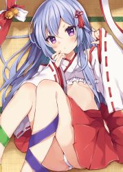 Rule 34 | 1girl, ass, blue hair, breasts, crop top, detached sleeves, frilled shirt, frills, hair ornament, hands up, hip vent, japanese clothes, legs up, long hair, long sleeves, looking at viewer, lying, maki soutoki, midriff, miko, on back, original, panties, purple eyes, red skirt, revealing clothes, shirt, skirt, small breasts, solo, stomach, tassel, thighs, underboob, underwear, white panties, white shirt, wide sleeves