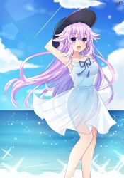 Rule 34 | 1girl, absurdres, adult neptune, armpits, arms up, bare shoulders, beach, blue sky, breasts, choujigen game neptune, cloud, day, dress, female focus, hair between eyes, hair flaps, happy, hat, highres, horizon, lewdkuma, long hair, looking at viewer, matching hair/eyes, medium breasts, neptune (neptunia), neptune (series), ocean, open mouth, outdoors, purple eyes, purple hair, ribbon, shin jigen game neptune vii, skirt, sky, smile, solo, sparkle, standing, sundress, thighs, water, white dress