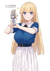 Rule 34 | 1girl, apron, belt, bikini, bikini top only, blonde hair, blue bikini, blue eyes, blue shirt, blush, bow, breasts, closed mouth, collared shirt, cowboy shot, doll, doyagao, figma, figure, frilled sleeves, frills, hair bow, hands up, high-waist skirt, highres, holding, large breasts, lina (michihasu), long hair, long skirt, looking at viewer, maid, michihasu, original, shirt, shirt tucked in, short sleeves, simple background, skirt, smile, smug, solo, sparkle, standing, straight hair, striped bow, striped clothes, striped thighhighs, swimsuit, thighhighs, translated, v-shaped eyebrows, very long hair, waist apron, white background, white skirt