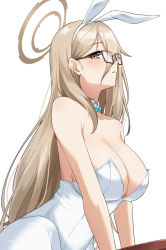 Rule 34 | 1girl, akane (blue archive), akane (bunny) (blue archive), animal ears, bare shoulders, blue archive, blush, breasts, cleavage, collarbone, detached collar, fake animal ears, glasses, hair between eyes, halo, highres, large breasts, leotard, light brown hair, long hair, looking at viewer, pantyhose, profile, rabbit ears, rectangular eyewear, simple background, solo, straight hair, tennen inari, very long hair, white background, white leotard, white pantyhose