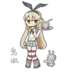 Rule 34 | 10s, 1girl, :&gt;, :3, bad id, bad pixiv id, bespectacled, blonde hair, blush, drinking straw, elbow gloves, glasses, gloves, hair ribbon, kantai collection, long hair, machinery, midriff, navel, rensouhou-chan, ribbon, shimakaze (kancolle), simple background, solo, striped clothes, striped thighhighs, thighhighs, turret, white background, yellow eyes, yuasan