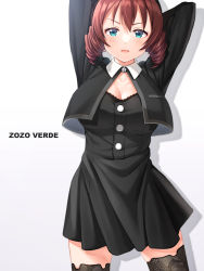 Rule 34 | 1girl, aqua eyes, arms up, bad id, bad pixiv id, black dress, black jacket, black thighhighs, brown hair, commentary request, cropped jacket, dress, drill hair, emma verde, facing viewer, freckles, highres, jacket, love live!, love live! nijigasaki high school idol club, open mouth, short dress, short hair, solo, thighhighs, twin drills, zettai ryouiki, zinzen