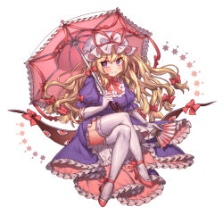 Rule 34 | 1girl, blonde hair, blush, bow, breasts, choker, commentary request, crossed legs, dress, folding fan, frills, gap (touhou), garter straps, gloves, hair bow, hand fan, hat, hat ribbon, high heels, highres, holding, holding fan, holding umbrella, long hair, looking at viewer, masanaga (tsukasa), medium breasts, mob cap, petticoat, puffy short sleeves, puffy sleeves, purple dress, purple eyes, red bow, red choker, red footwear, red ribbon, ribbon, ribbon choker, short sleeves, simple background, sitting, smile, solo, thighhighs, thighs, touhou, umbrella, white background, white gloves, white hat, yakumo yukari