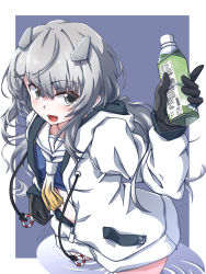 Rule 34 | 1girl, 547th sy, black gloves, bottle, commentary request, crop top, dated, gloves, grey eyes, grey hair, hair ornament, highres, holding, holding bottle, hood, hood down, hooded jacket, i-201 (kancolle), jacket, kantai collection, long hair, long sleeves, looking at viewer, open mouth, sailor collar, signature, simple background, solo, two-tone background, white jacket, white sailor collar, x hair ornament