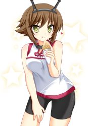 Rule 34 | 10s, 1girl, alternate costume, bag, bare arms, bare shoulders, breasts, brown hair, commentary request, eating, food, green eyes, hairband, headgear, icetiina, kantai collection, looking at viewer, medium breasts, mutsu (kancolle), paper bag, radio antenna, short hair, simple background, solo, taiyaki, wagashi, white background