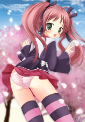 Rule 34 | 1girl, ass, bad id, bad pixiv id, baka to test to shoukanjuu, cherry blossoms, panties, pink panties, polka dot, polka dot panties, red hair, shimada hazuki, solo, thighhighs, twintails, underwear, yuutsuki hina