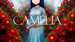 Rule 34 | 1girl, black hair, bush, camellia, closed mouth, dress, english text, flower, frown, gun, handgun, head out of frame, hoae, holding, holding gun, holding weapon, long dress, long hair, long sleeves, mili (band), outdoors, puffy sleeves, red flower, solo, weapon, white dress