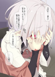 Rule 34 | 1girl, ahoge, black dress, burn scar, closed mouth, covered collarbone, dress, frills, grey hair, hair over eyes, hands up, highres, layered sleeves, long sleeves, looking at viewer, ogami kazuki, original, pointy ears, red eyes, scar, short over long sleeves, short sleeves, sleeves past wrists, solo, thick eyebrows, translation request, white dress