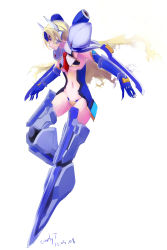 Rule 34 | 1girl, absurdres, arc system works, armor, blazblue, blonde hair, blue eyes, blue gloves, breasts, center opening, crotch plate, early type, elbow gloves, gloves, headdress, highres, long hair, mecha musume, mu-12, navel, necktie, pauldrons, revealing clothes, robot ears, shoulder armor, simple background, small breasts, solo, underboob