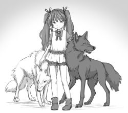 Rule 34 | 1girl, character request, child, flat chest, greyscale, hair ribbon, long hair, monochrome, ribbon, souko souji, twintails, wolf