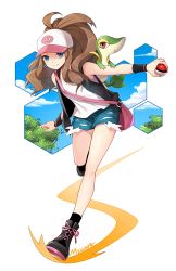 Rule 34 | 1girl, black footwear, black jacket, black legwear, blue eyes, blue shorts, boots, brown hair, creatures (company), game freak, gen 5 pokemon, hat, high ponytail, hilda (pokemon), holding, holding poke ball, jacket, leg up, long hair, looking at viewer, millgua, nintendo, open clothes, open jacket, outstretched arm, peaked cap, poke ball, poke ball (basic), poke ball print, pokemon, pokemon (creature), pokemon bw, print headwear, shirt, short shorts, shorts, sleeveless, sleeveless shirt, smile, snivy, torn clothes, torn shorts, very long hair, white background, white shirt, wristband