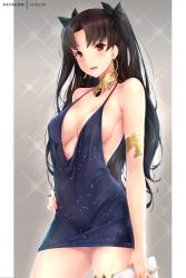 Rule 34 | 1girl, :d, artist name, bare shoulders, black dress, black hair, black ribbon, blush, breasts, cleavage, collar, covered erect nipples, cowboy shot, dress, earrings, fate/grand order, fate (series), fingernails, glint, glitter, hair ribbon, halter dress, halterneck, hand on own hip, holding, hoop earrings, ishtar (fate), jewelry, long hair, looking at viewer, medium breasts, nail polish, no bra, open mouth, parted bangs, pink nails, red eyes, rei kun, ribbon, smile, solo, spaghetti strap, sparkle, standing, thighs, two side up