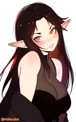 Rule 34 | artist name, bare shoulders, black hair, blush, breasts, bright pupils, cleavage, eyelashes, fang, forehead, from side, head tilt, highres, large breasts, lips, long hair, looking at viewer, mikiyuba, parted bangs, pointy ears, see-through, simple background, sleeveless, smile, straight hair, upper body, v-shaped eyebrows, white background, white pupils, yellow eyes