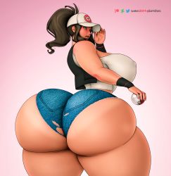 Rule 34 | 1girl, artist name, ass, bare shoulders, black vest, blue eyes, blue shorts, blush, breasts, brown hair, covered erect nipples, creatures (company), denim, denim shorts, female focus, game freak, hat, highres, hilda (pokemon), huge ass, huge breasts, lips, long hair, nintendo, pink background, pink lips, plump, poke ball, poke ball print, pokemon, pokemon bw, ponytail, shiny clothes, shiny skin, short shorts, shorts, solo, someshittysketches, tan, tank top, tanline, teeth, thick thighs, thighs, torn clothes, vest