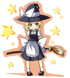 Rule 34 | 1girl, apron, arms behind back, black footwear, black hat, black skirt, black vest, blonde hair, blush stickers, bow, braid, broom, female focus, frilled apron, frills, full body, gin&#039;ichi (akacia), ginichi, grin, hair between eyes, hair bow, hat, hat bow, hat ribbon, holding, holding broom, kirisame marisa, long hair, looking at viewer, mary janes, puffy short sleeves, puffy sleeves, ribbon, shirt, shoes, short sleeves, skirt, smile, socks, solo, standing, star (symbol), touhou, vest, waist apron, white apron, white background, white bow, white ribbon, white shirt, white socks, witch hat, yellow eyes