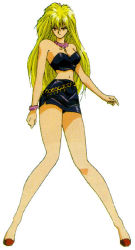 Rule 34 | 1990s (style), 1girl, bare arms, bare legs, bare shoulders, blonde hair, breasts, crop top, facing viewer, full body, hirano toshihiro, iczelion, iczer (series), jewelry, long hair, long legs, looking at viewer, medium breasts, midriff, miniskirt, nami (iczelion), narrow waist, navel, necklace, no socks, official art, panties, panty peek, pencil skirt, red footwear, retro artstyle, shirt, shoes, simple background, skirt, solo, standing, strapless, strapless shirt, teenage girl and younger boy, underwear, white background