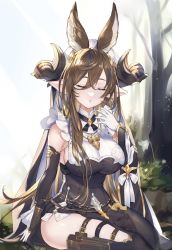 Rule 34 | 1girl, :o, animal ears, arm support, bare shoulders, blue hair, breasts, brown hair, closed eyes, colored tips, detached sleeves, dress, extra ears, flower, frilled sleeves, frills, galleon (granblue fantasy), gloves, gluteal fold, granblue fantasy, grass, hair between eyes, highres, horns, large breasts, long hair, maid headdress, multicolored hair, on grass, outdoors, pointy ears, shiromimin, sideboob, sidelocks, sitting, skindentation, solo, streaked hair, thigh strap, tree, two-tone hair, very long hair, white flower, white gloves