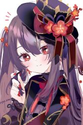 Rule 34 | 1girl, alternate costume, black hat, blush, bow, bright pupils, brown hair, commentary, flower, flower-shaped pupils, gen arare, genshin impact, hat, hat bow, highres, holding, holding own hair, hu tao (genshin impact), plum blossoms, red eyes, red flower, red nails, sidelocks, smile, solo, symbol-shaped pupils, twintails, white pupils