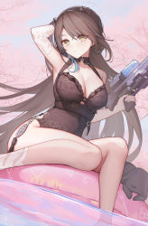 Rule 34 | 1girl, absurdres, afloat, air mattress, arknights, arm up, armpits, bare legs, blacknight (arknights), blacknight (summer flower) (arknights), blush, breasts, brown hair, brown one-piece swimsuit, brown thighhighs, casual one-piece swimsuit, cherry blossoms, cleavage, closed mouth, creature, elbow gloves, gloves, hand in own hair, highres, holding, holding water gun, horns, jean.organ, large breasts, long hair, looking at viewer, mole, mole above eye, mole on breast, official alternate costume, one-piece swimsuit, revision, single glove, sitting, soaking feet, solo, swimsuit, tassel, thighhighs, v-shaped eyebrows, very long hair, water, water gun, white gloves, yellow eyes