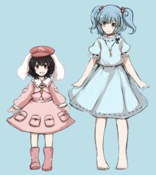 Rule 34 | 2girls, alternate color, animal ears, bad id, bad pixiv id, barefoot, black hair, blue eyes, blue hair, blush, boots, rabbit ears, carrot, cosplay, costume switch, female focus, hair ornament, hat, inaba tewi, kawashiro nitori, key, multiple girls, open mouth, pink footwear, pocket, puffy sleeves, red eyes, rubber boots, short hair, smile, touhou, tsukiori, twintails, two side up
